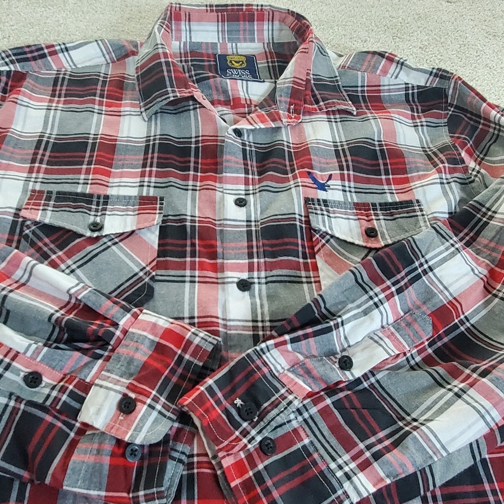 Swiss Cross Men's Button Up Shirt Size 2XL XXL Red Black Plaid Long‎ Sleeve